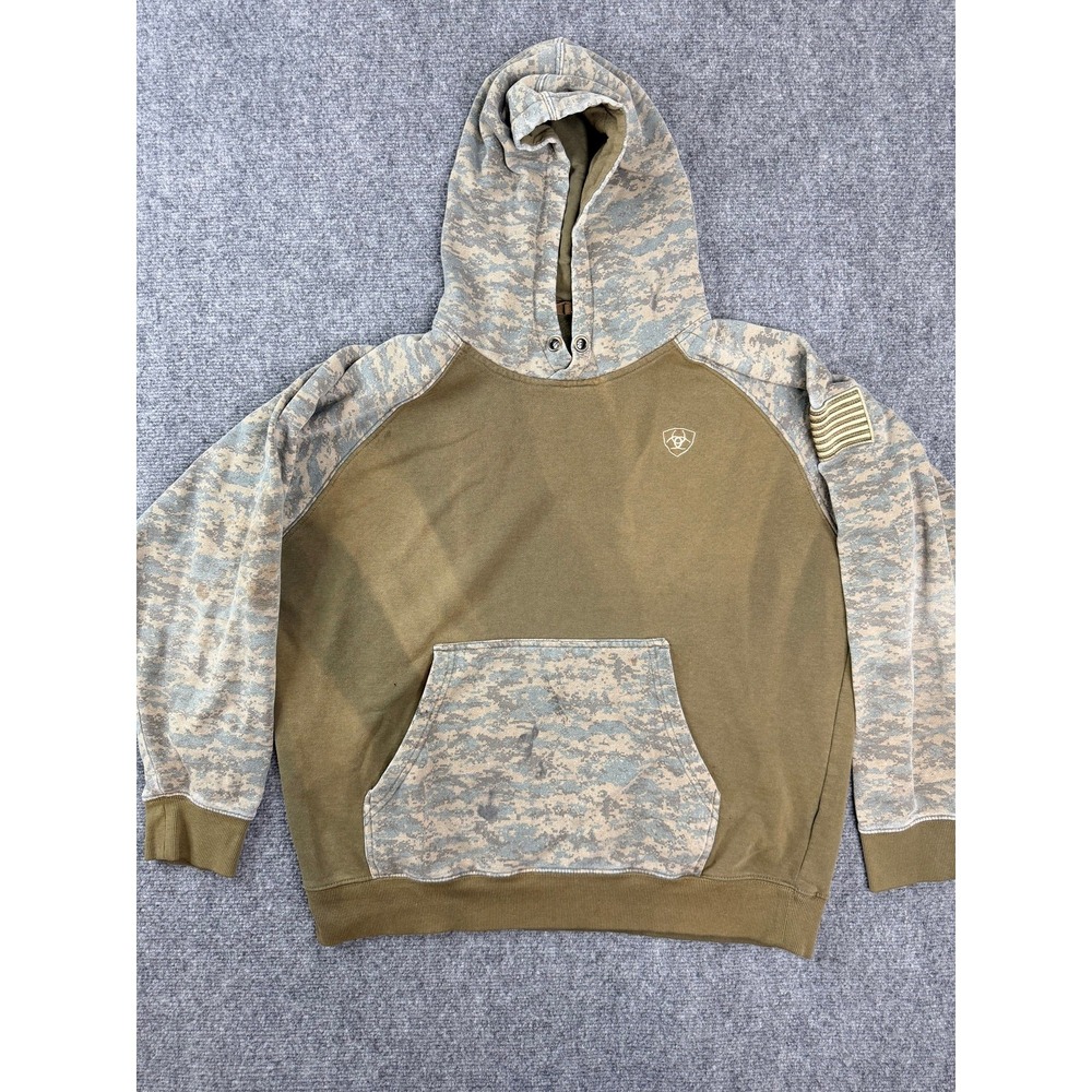 Ariat Mens Tactical Hoodie Pullover M Olive Green Camo US Flag Patch